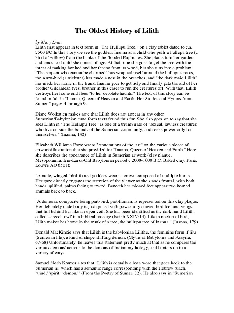 The Oldest History of Lilith Lilith Sumer