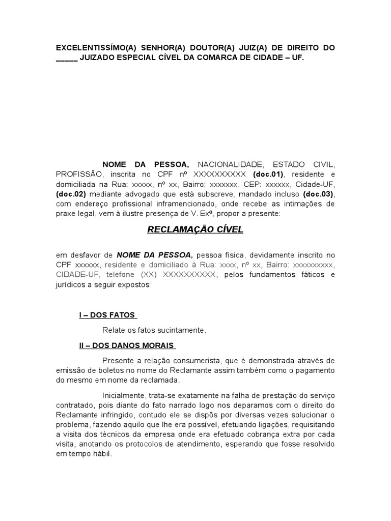 Modelo de Reclamação Juizado Especia para ingresso em ações de pequenas causasl Proteção ao