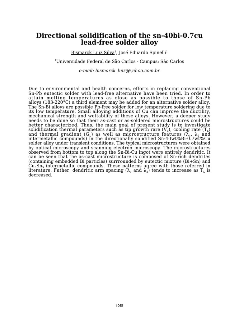 Directional Solidification of Sn-Bi-Cu Alloy | PDF
