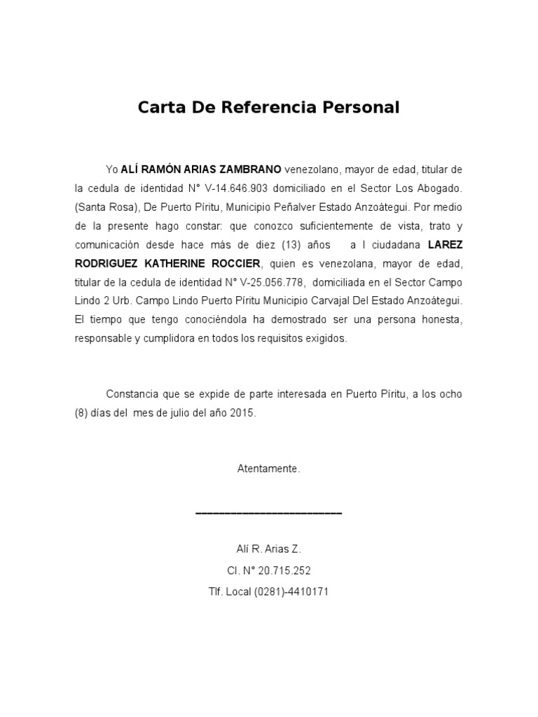 Carta de Referencia Personal