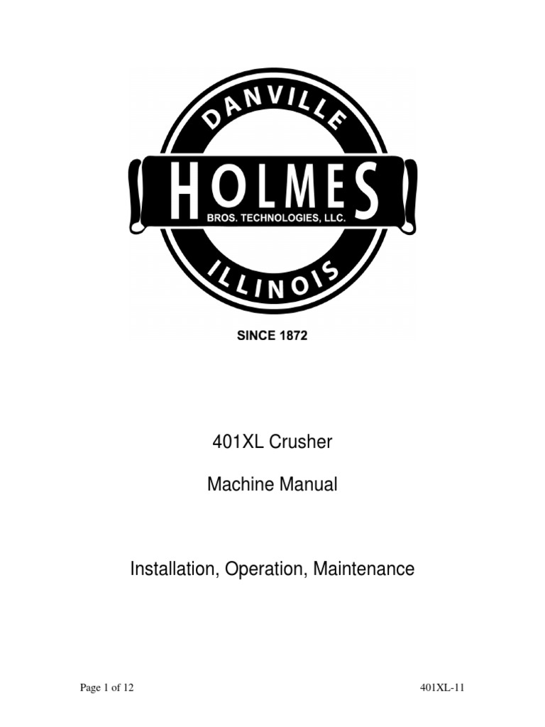 401XL Crusher Machine Manual PDF Belt (Mechanical) Bearing