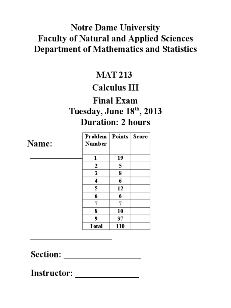 MAT213 Sample Final | PDF | Teaching Methods & Materials