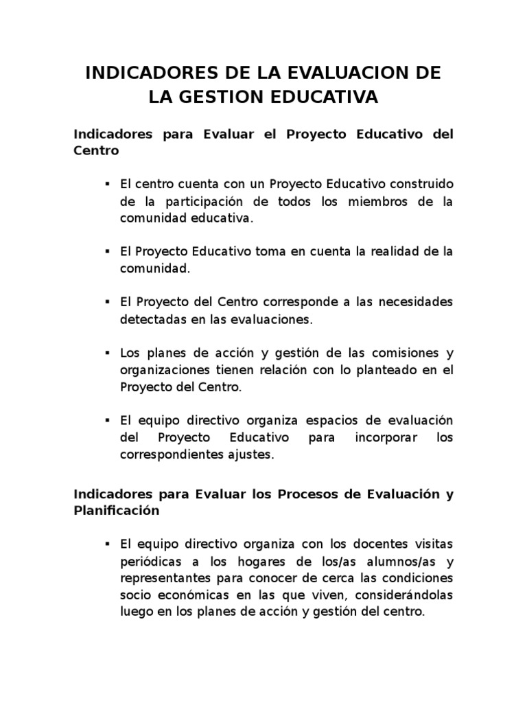 Indicadores de La Evaluacion de La Gestion Educativa | PDF | Evaluación ...