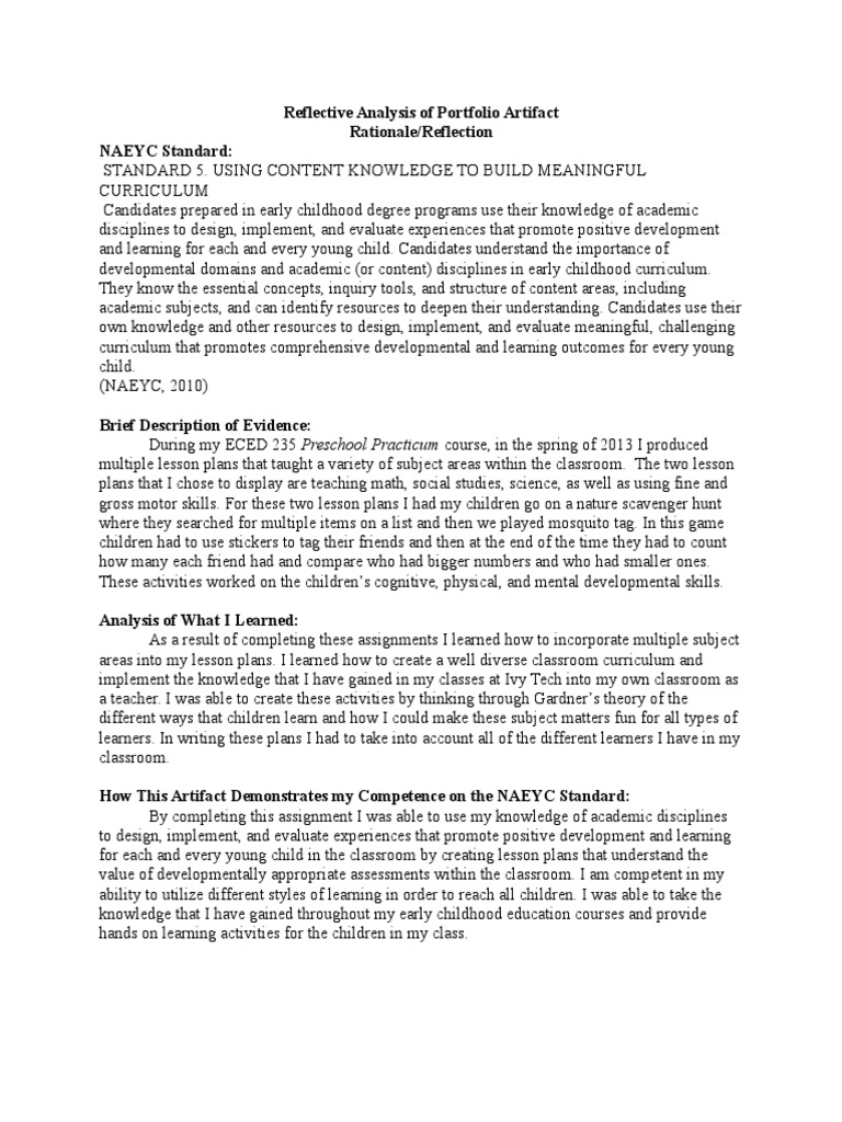 Reflective Analysis of Portfolio Artifact Rationale/Reflection NAEYC ...