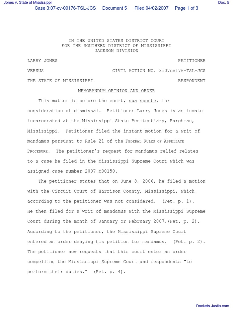 Jones v. State of Mississippi Document No. 5 Mandamus Writ