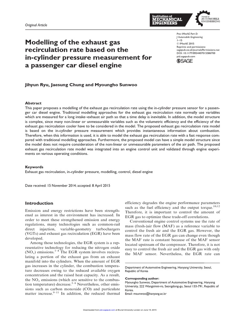 Modelling of The Exhaust Gas Recirculation PDF Internal Combustion