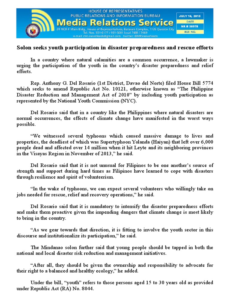 July16.2015 Bsolon Seeks Youth Participation in Disaster Preparedness ...