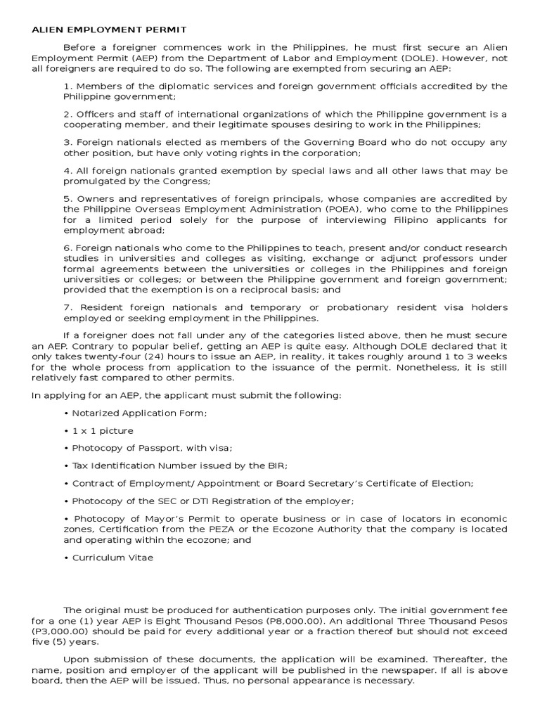 Alien Employment Permit | PDF | Travel Visa | Philippines