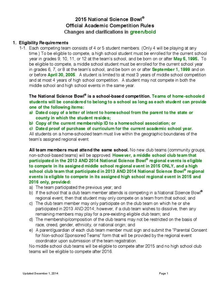 2015 National Science Bowl Rules PDF Tournament Fraction