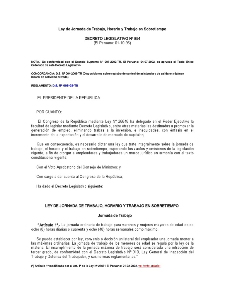 Ley de Jornada y Horario Laboral TR | PDF | Tiempo de trabajo | Derecho ...