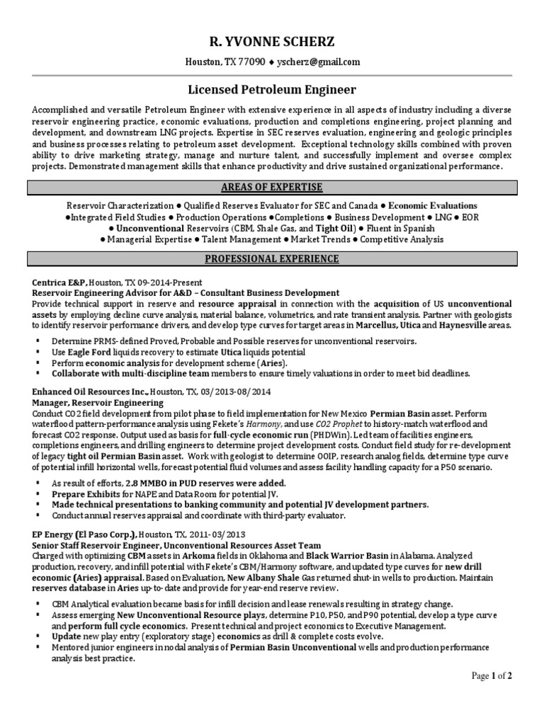 Reservoir Engineer Development Manager In Houston Texas Resume R Yvonne