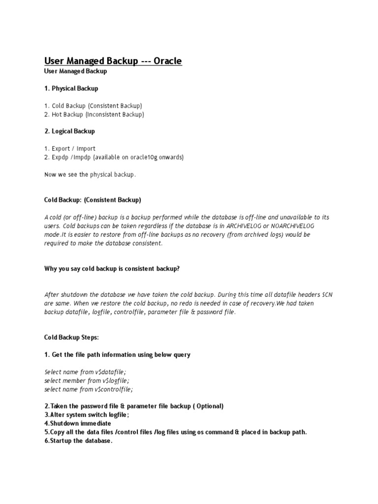User Managed Backup | PDF | Backup | Oracle Database