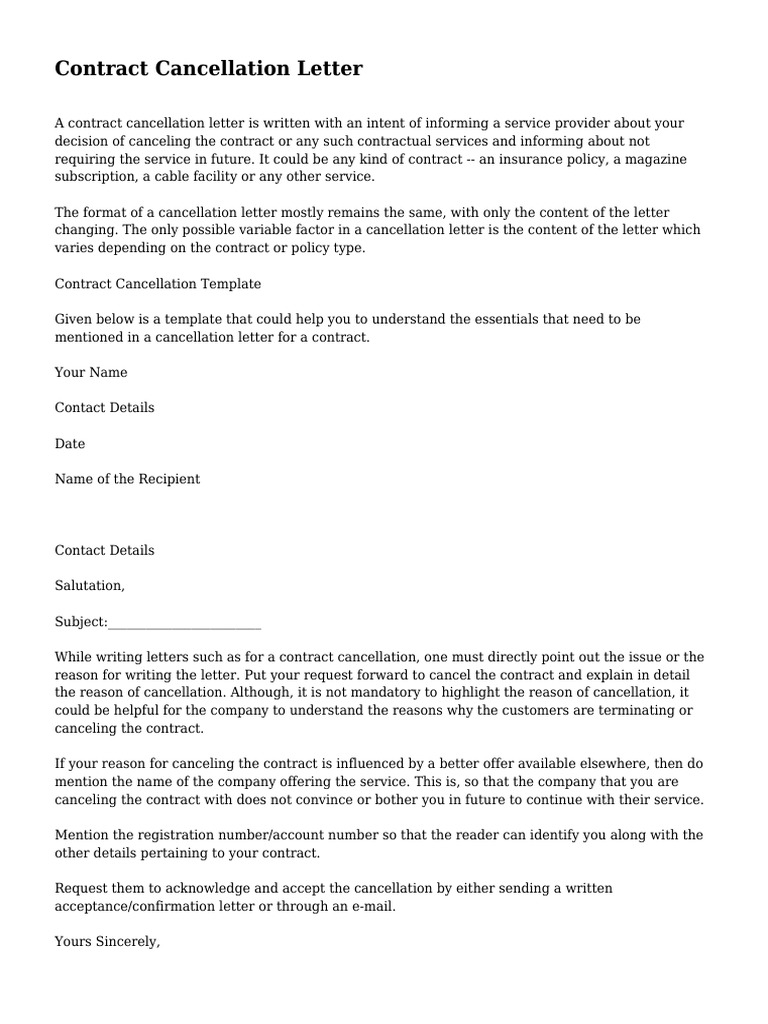 Contract Cancellation Letter  Surety Bond  Guarantee