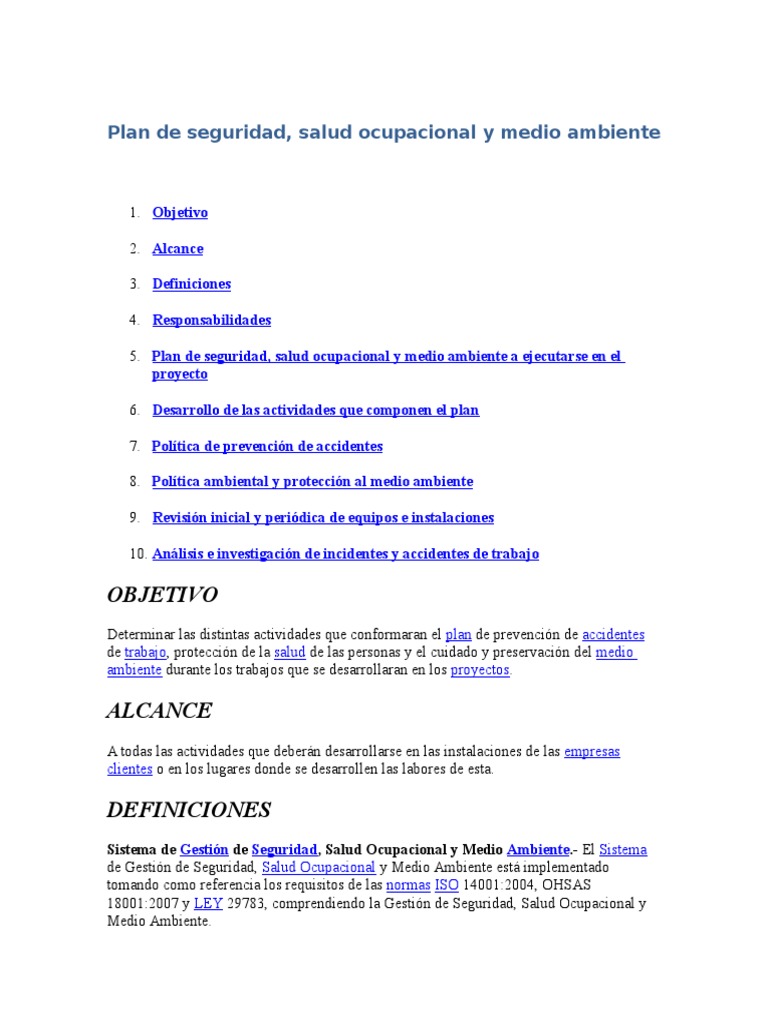Plan de Seguridad y Salud Ocupacional | PDF | La seguridad | Calidad ...