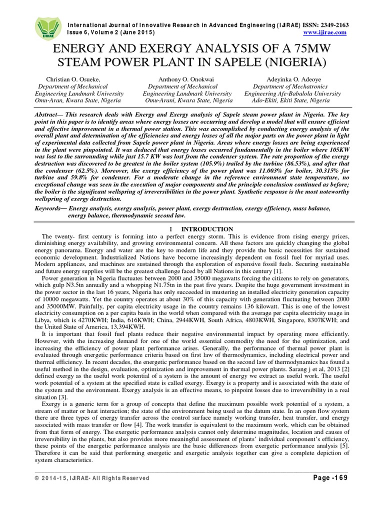 Ijirae:: Energy and Exergy Analysis of A 75MW Steam Power Plant in ...