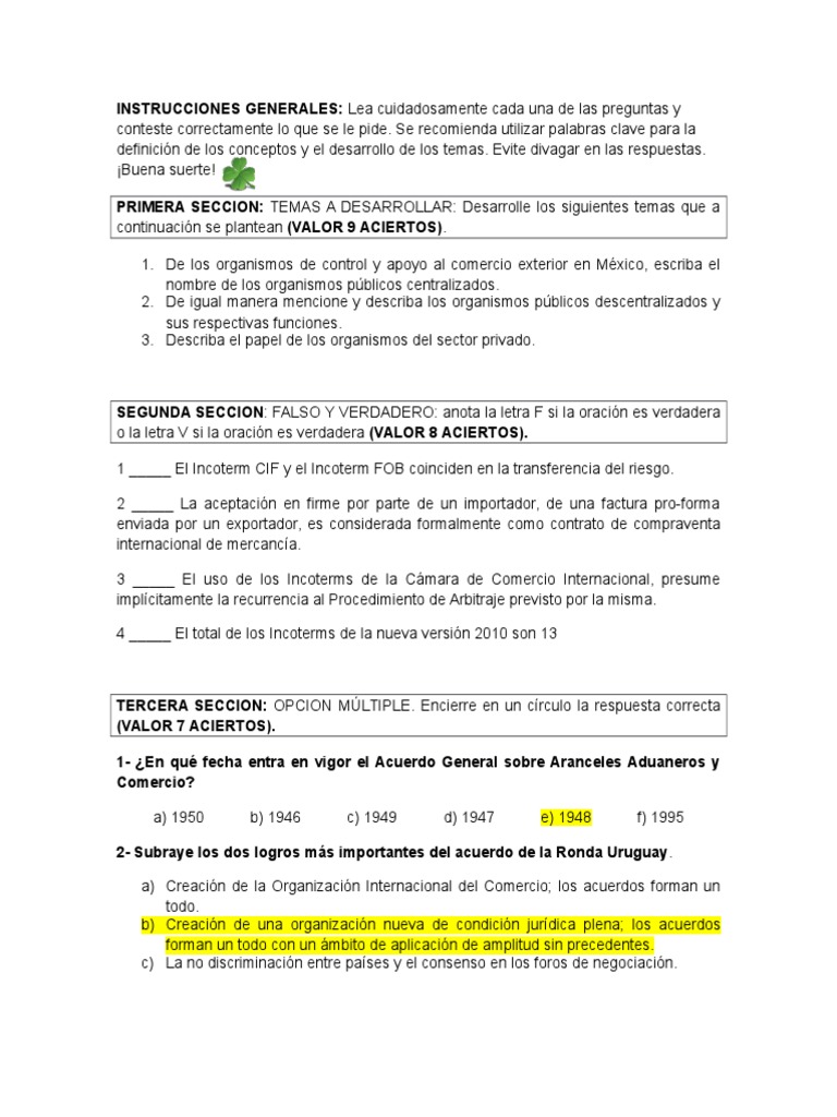 Examen Comercio Exterior II PDF Libre