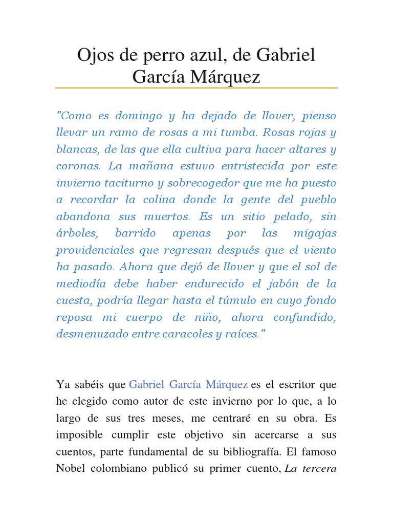 Resumen Ojos de Pero Azul | PDF | Gabriel García Márquez | Cuentos