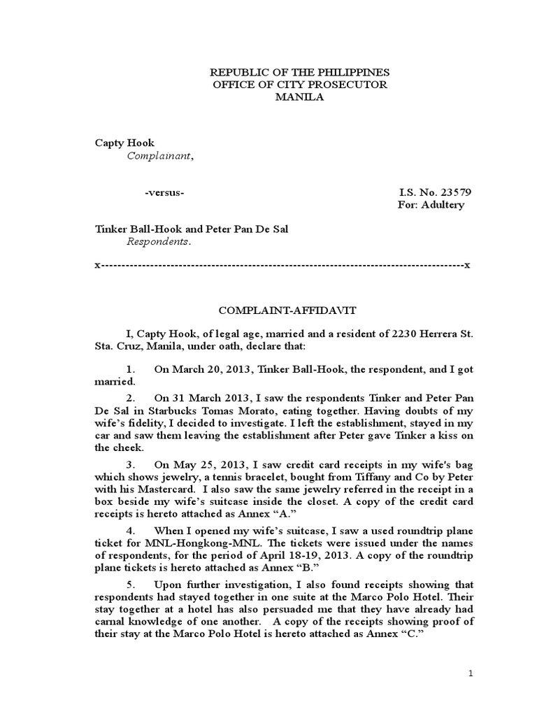 Complaint Affidavit Sample  Adultery  Social Institutions