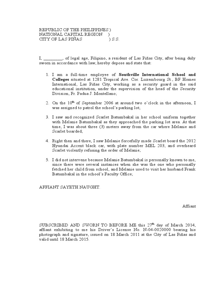 Sworn Statement Sample  PDF  Document  Civil Law (Common Law)