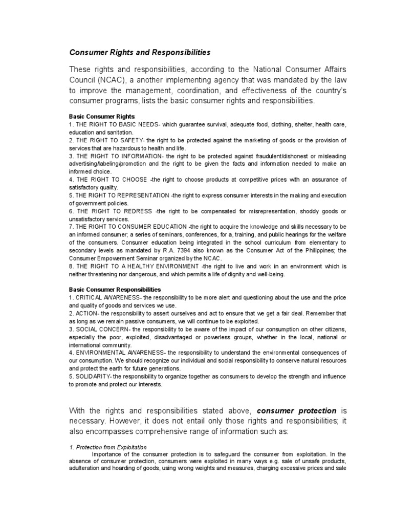 Consumer Rights and Responsibilities Overview | PDF | Consumer ...