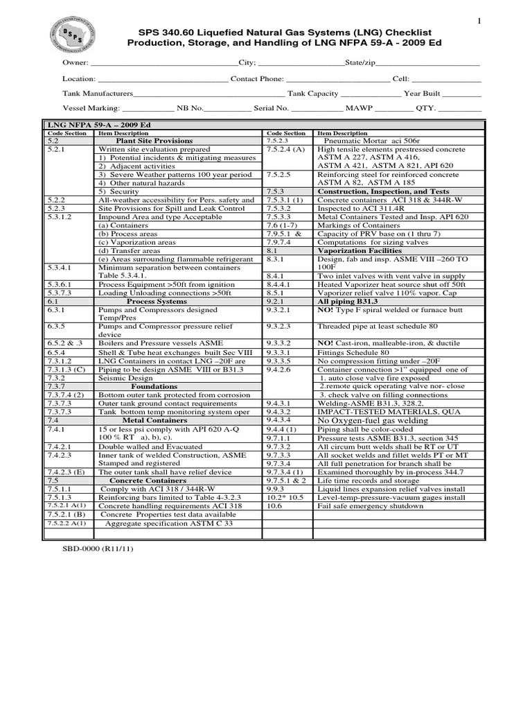 Checklist de NFPA 59A PDF Pipe (Fluid Conveyance) Liquefied