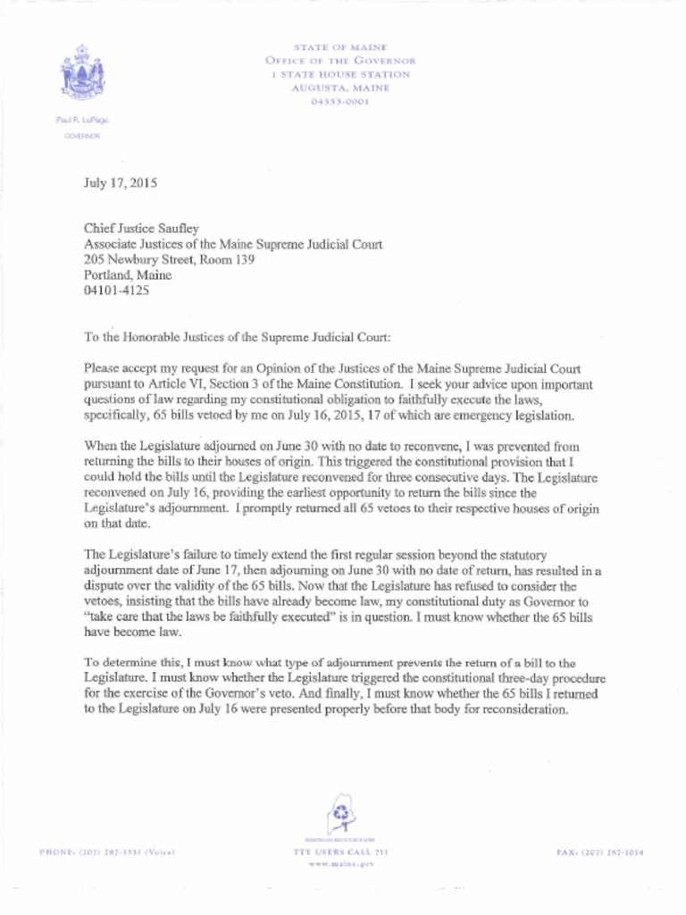 Gov LePage "Solemn Occasion" Letter Request To Justices PDF