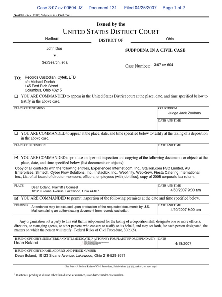 Civil Case Subpoena Template | PDF | Subpoena | Discovery (Law)