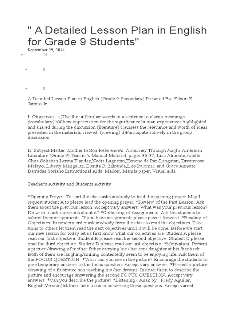 A Detailed Lesson Plan in English for Grade 9 Students | Question