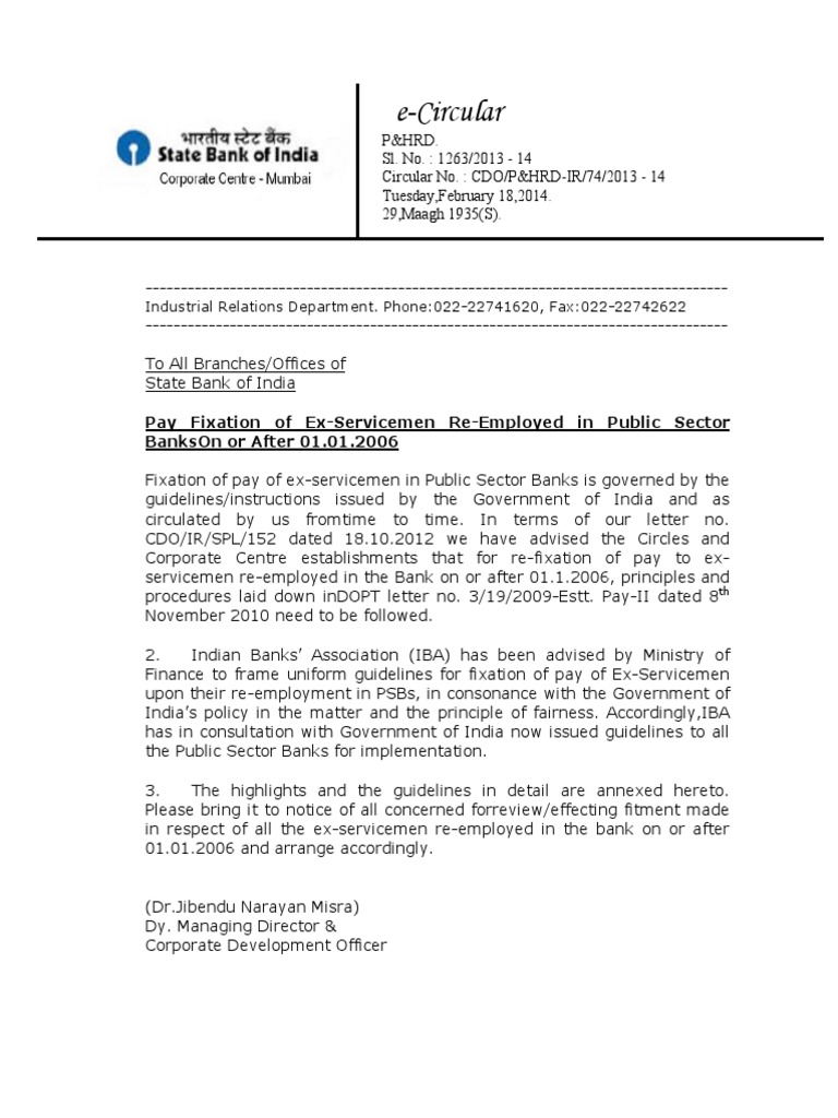 Pay Fixation for Ex-Servicemen in SBI | PDF | Officer (Armed Forces) |  Pension