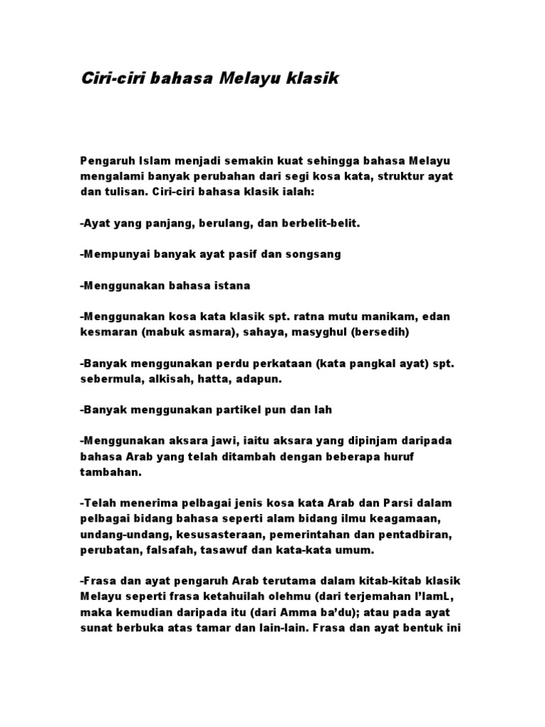 Ciri Ciri Bahasa Melayu Klasik Pdf