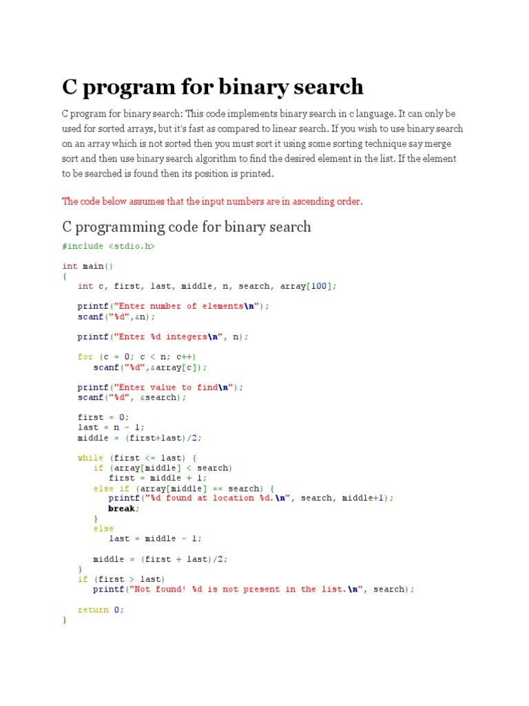 C Program For Binary Search | PDF