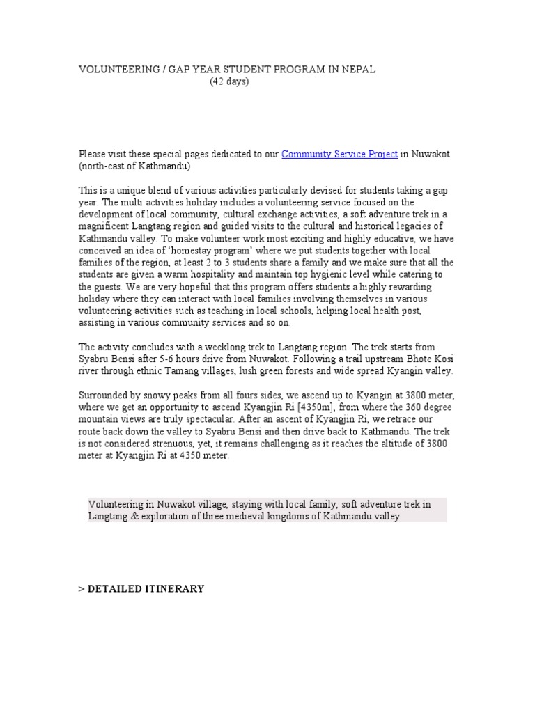 Volunteering Gap Year Student Program In Pdf Kathmandu Tibet