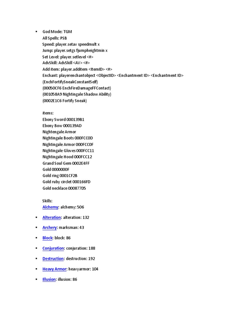 Skyrim Console Commands