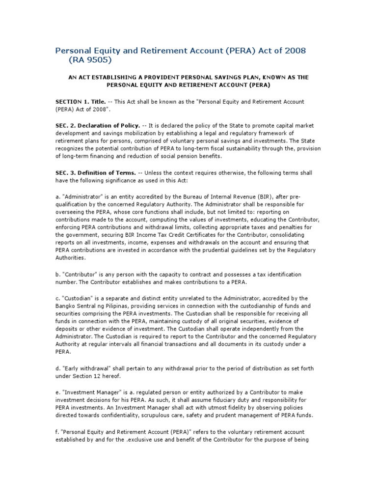 Personal Equity and Retirement Account (PERA) Act of 2008 (RA 9505 ...