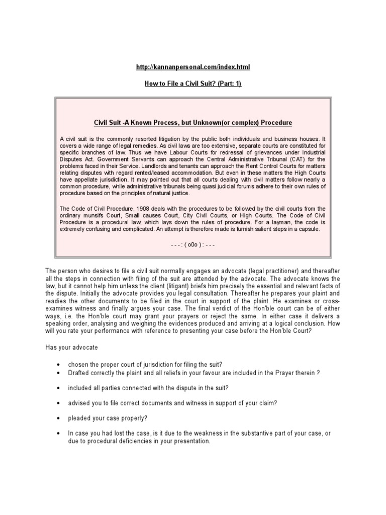 How To File A Civil Suit? (Part 1) PDF Lawsuit Judgment (Law)
