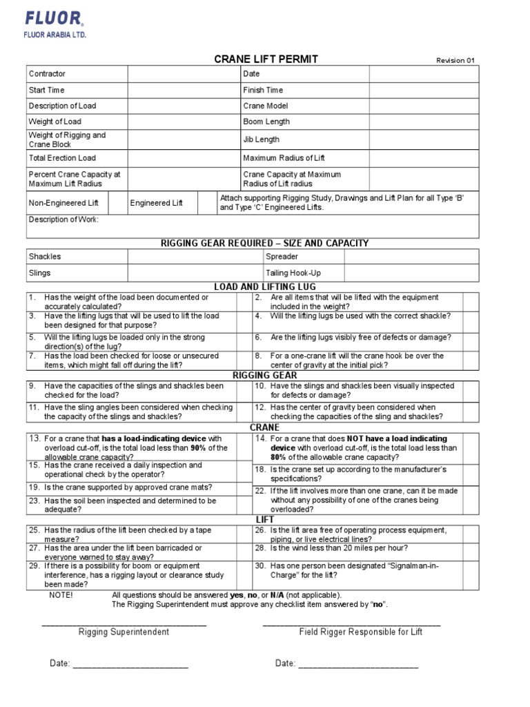 Crane Lifting Permit REVISION 01 Crane (Machine) Industries