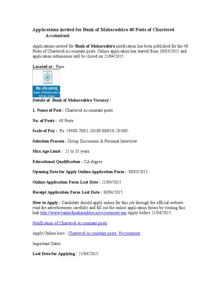 Applications Invited For Bank of Maharashtra 40 Posts of Chartered 