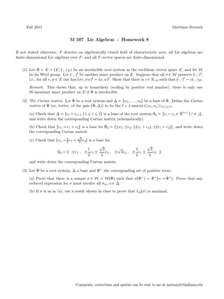 Lie Algebras Homework: Cartan Matrices | PDF