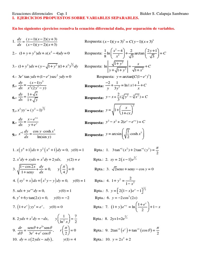 Ejercicios Propuestos Sobre Ecuacione Diferenciales Pdf Relaciones Matematicas Conceptos Matematicos