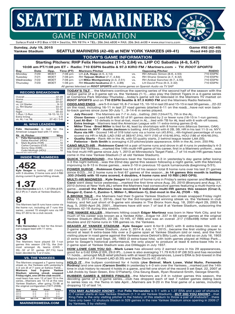 07.19.15 Game Notes | PDF | New York Yankees | Home Run