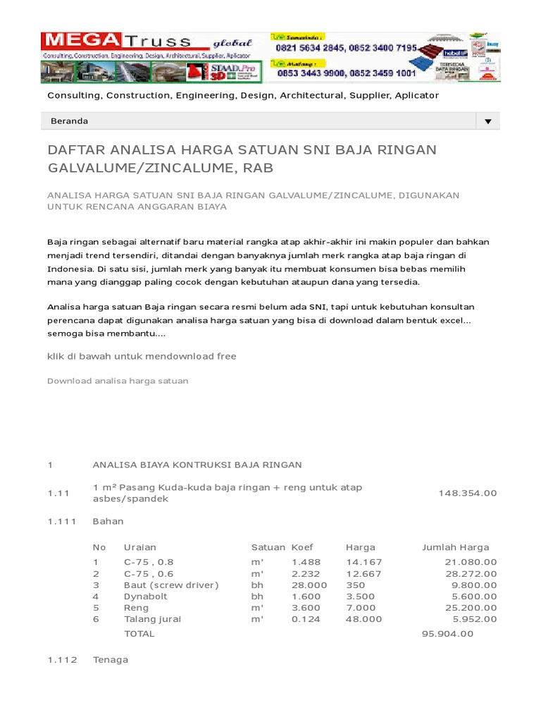 Daftar Analisa Harga Satuan Sni Baja Ringan Galvalume Daftar Analisa Harga Satuan Sni Baja Ringan Galvalume