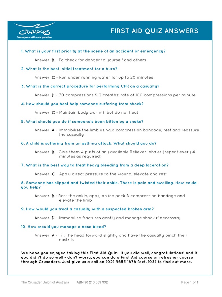 First Aid Quiz Answers PDF