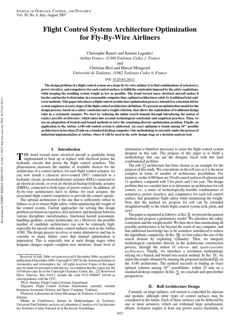 Flight Control System Architecture Optimization For FlyByWire