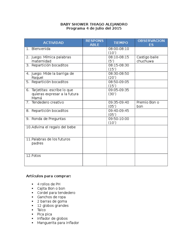 Programa Baby Shower Thiago Alejandro | PDF