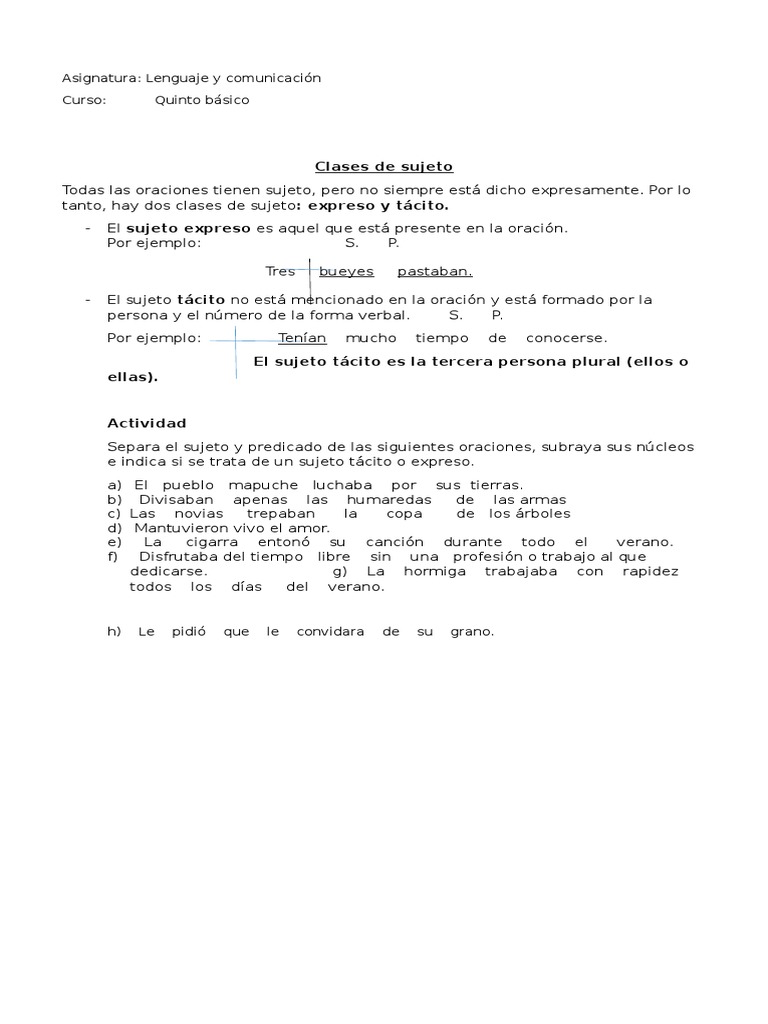 Sujeto Expreso Y Sujeto Tácito 5 Básico Pdf