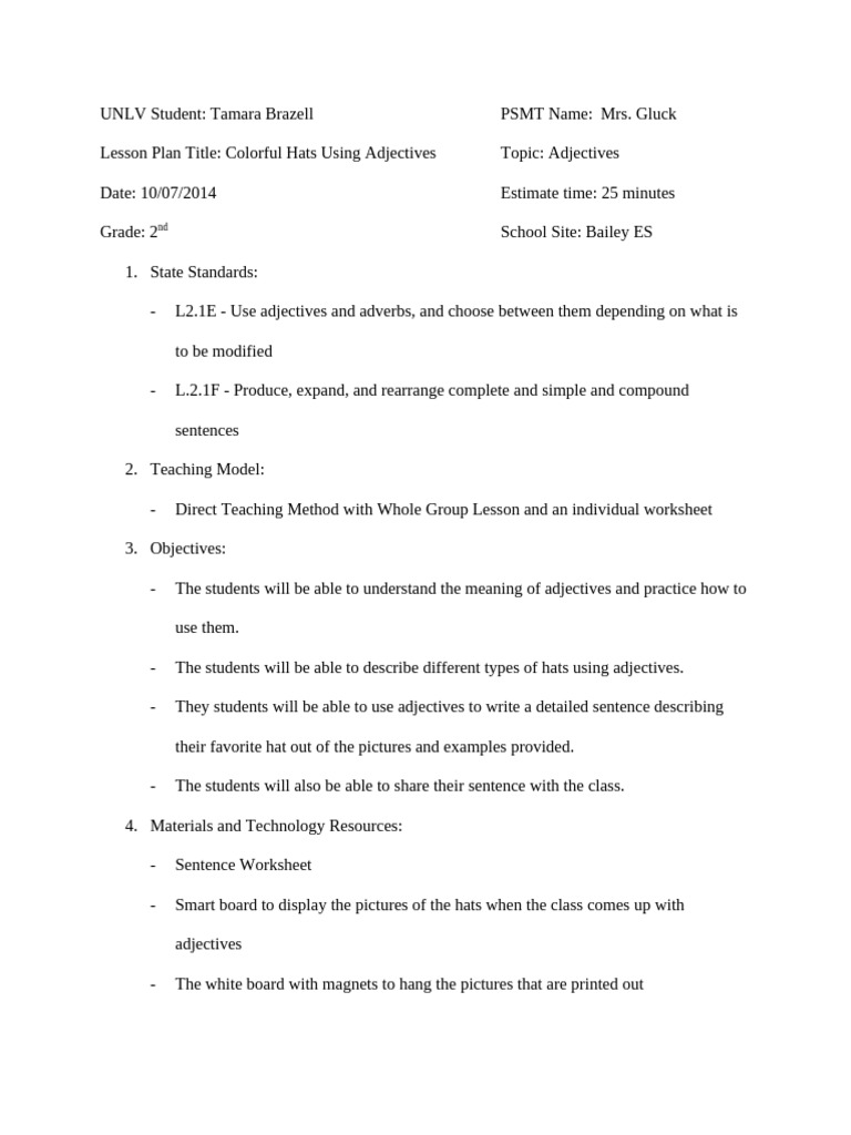 Adjective Hat Lesson Plan PDF Lesson Plan Teachers