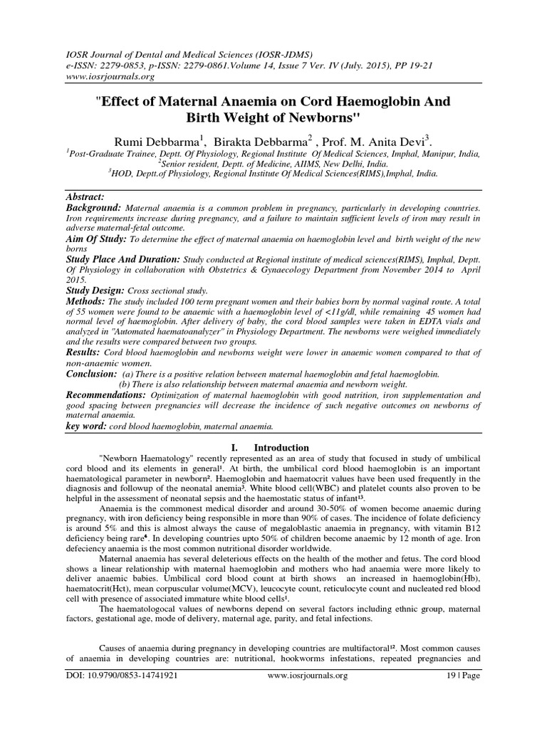 Effect of Maternal Anaemia On Cord Haemoglobin and Birth Weight of ...