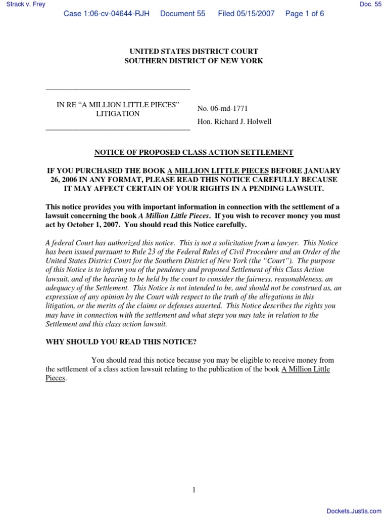 A Million Little Pieces Class Action Notice | PDF | Settlement ...