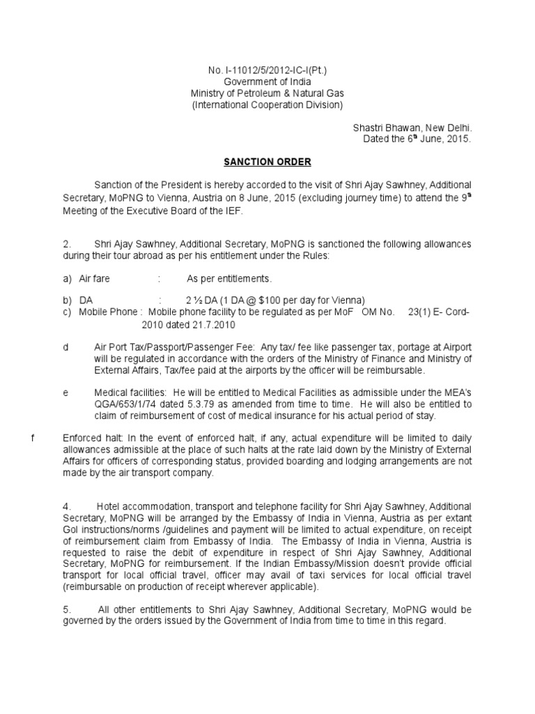 Sanction Order for Ajay Sawhney's Vienna Visit | PDF | Payments ...