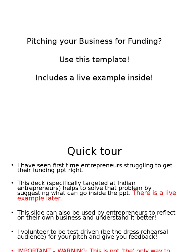 Business Pitch Template for Funding | PDF | Advertising | Entrepreneurship